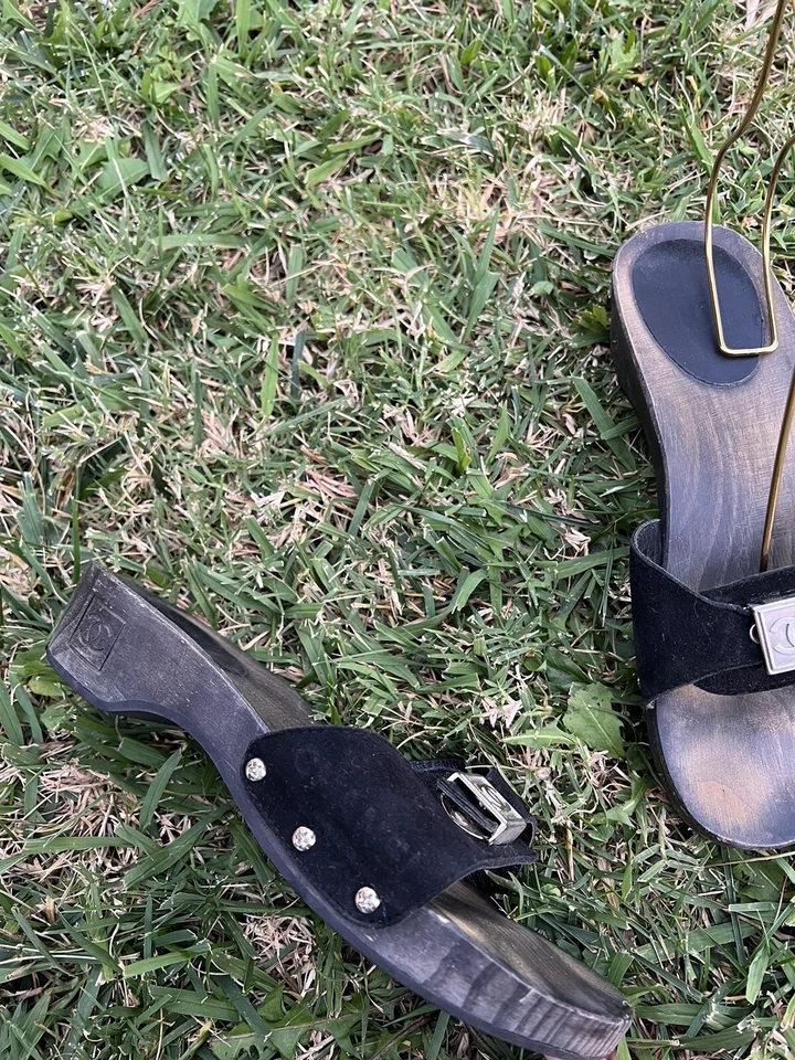 Chanel Vintage Zuecos de Madera 🖤 Sandalias Mules Slides Negro Gamuza Mujer Talla 37 Foto 4 de 4