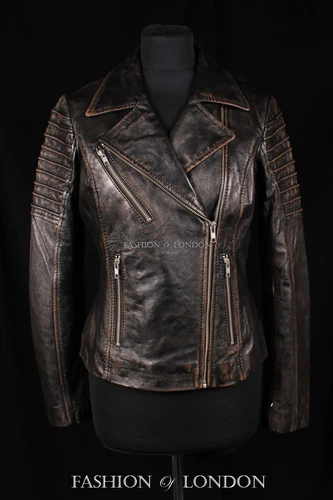 Ladies JENNER Biker Fitted Jacket Black Washed Vintage Look Soft Leather Jacket - Picture 3 of 13