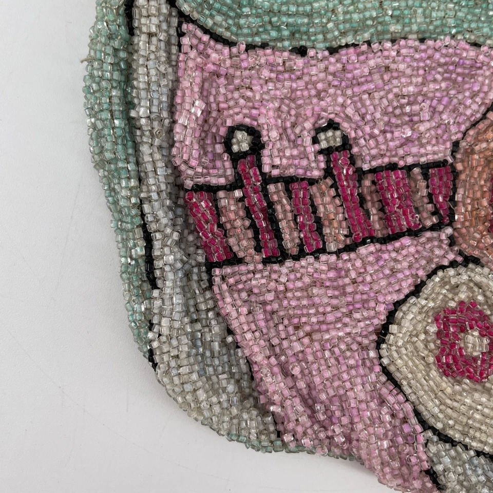 Cartera de Colección Años 20 Art Deco Con Cuentas de Vidrio Rosa Como Nueva Abstracta Forrada de Seda Necesita Reparación Foto 4 de 4