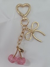 Gold Pink Cherry Bow Heart Cute Women's Metal Acrylic Key Chain