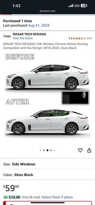 Side Window Chrome Delete Overlay Compatible w Kia Stinger 2018-2023,Gloss Black