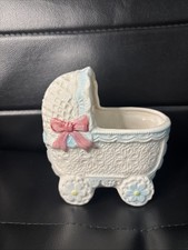 Relpo Ceramic Baby Nursery Planter White Blue Carriage Stroller