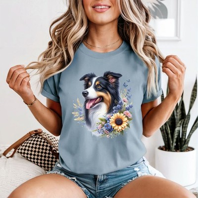Border Collie Hund Tier Damen T-Shirt Floral Natur Tee