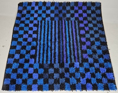Vintage MCM 50er Jahre Scandi Kariert Blau / Schwarz GROß Teppich - 147cm x 144cm