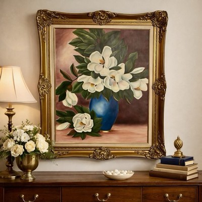 Large Framed Magnolia Floral Art Print Gold Ornate Frame 39  x 31.5  Wall Art
