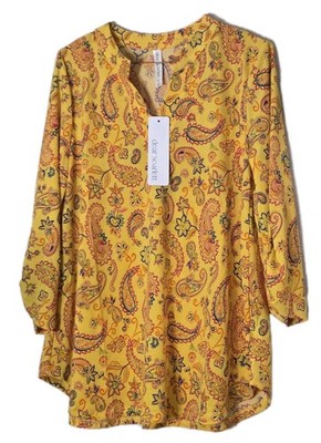 Dear Scarlett SzM Blouse Lizzy Top Yellow Paisley Women Tunic Easy Slub Roll Tab