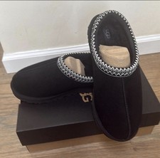UGG Tasman Black Slip-On Suede Shearling Lined Slippers Rubber Sole