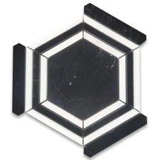 N35EXH Nero Marquina Thassos White Marble Hexagon Georama Geometric Tile Hone