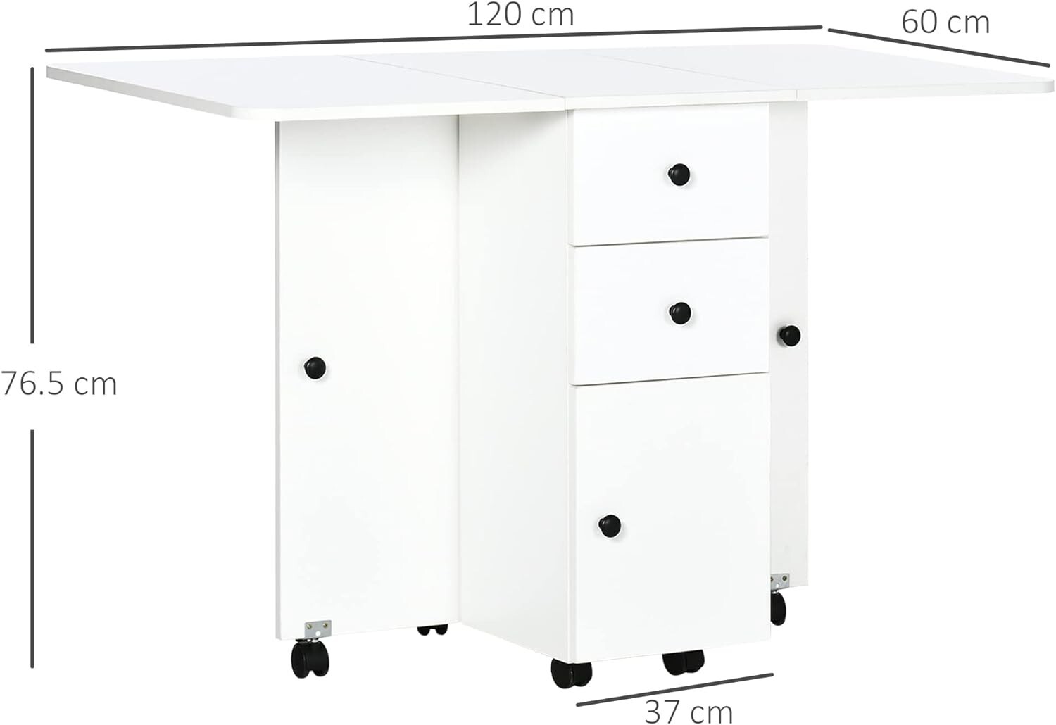Rolling Folding Dining Table White Drop Leaf Storage Drawer