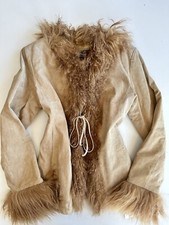 Vintage 90s Y2k Express Tan Leather Suede Fur Collar & Sleeves Coat Jacket Large