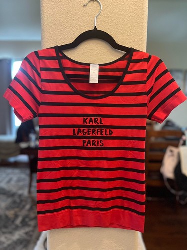 KARL LAGERFELD PARIS Stretchy Short Sleeve Top Red & Black Size Medium Slimfit