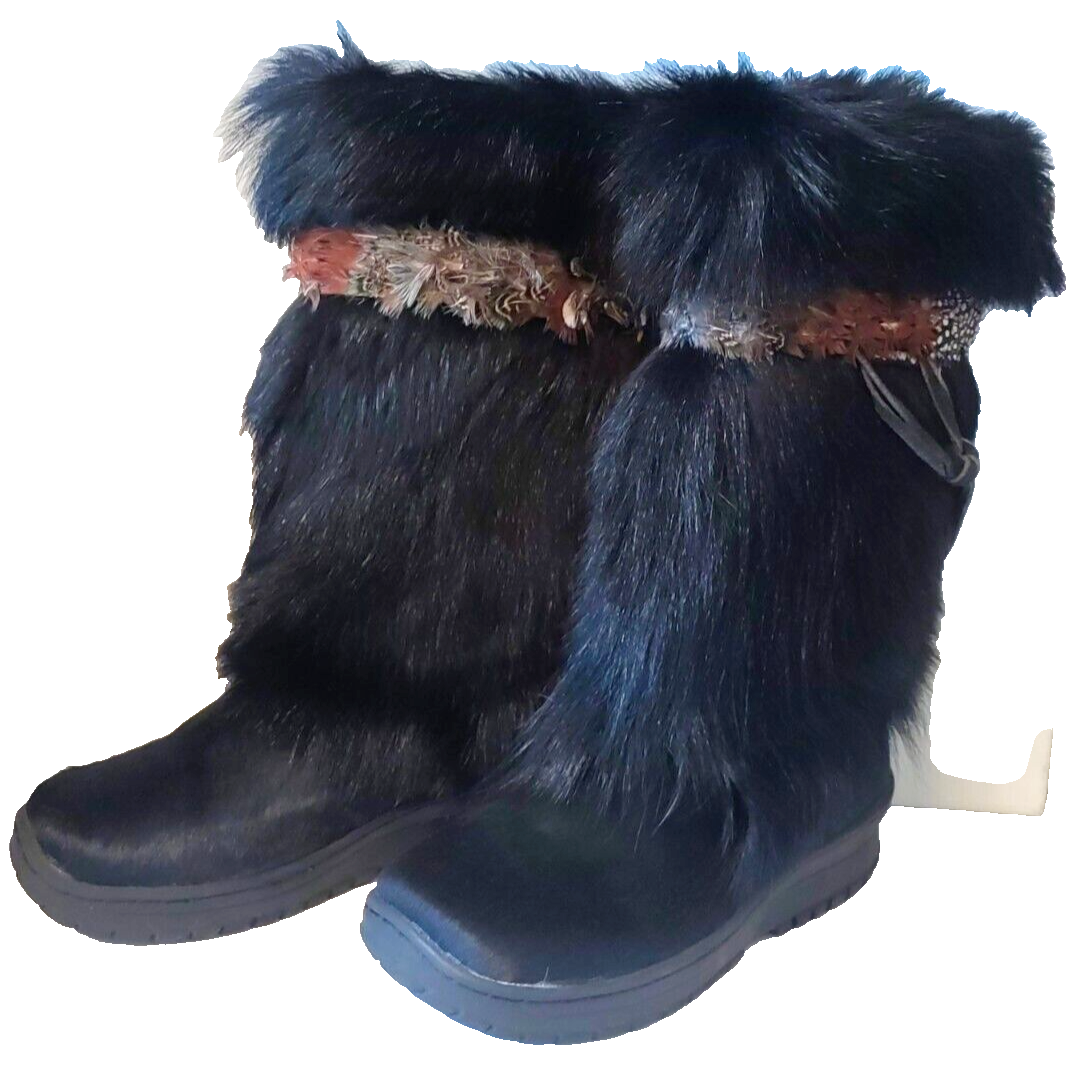 Bear Paw Ladies Calf Boots Feather Trim Goat Fur Wool Lining Sheep Skin  Foot