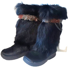 Bear Paw Ladies 7 Calf Boots Feather Trim Goat Fur Wool Lining Sheep Skin Foot