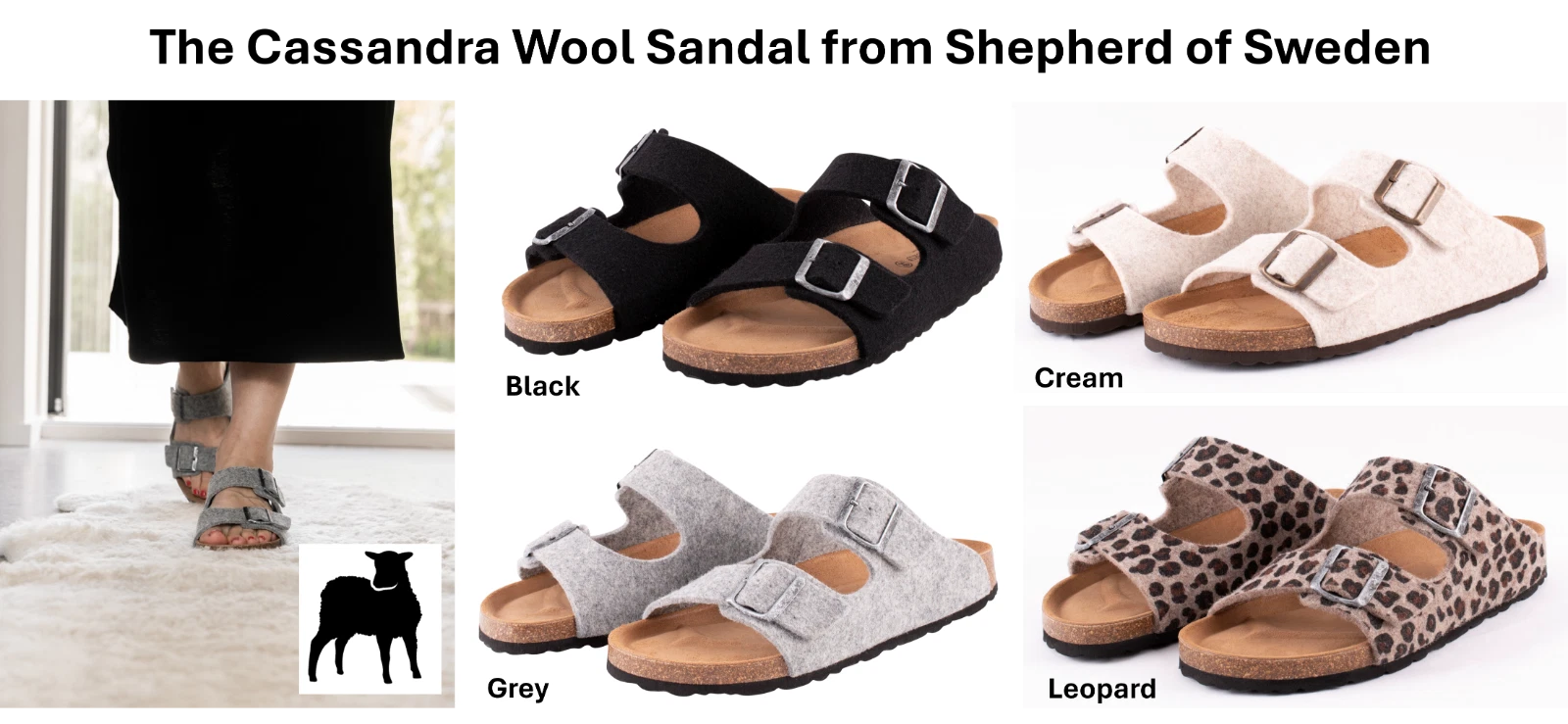 Shepherd of Sweden Ladies Wool Sandals: Cassandra, Grey, Black, Cream & Leopard