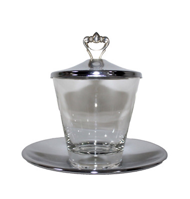 Condiment Mayo Holder ~  Kromex ~ Clear Glass With Chrome Lid & Tray 1950 s