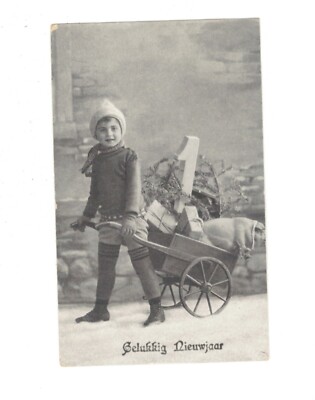 SE1119  BOY PRESENTS AND BIG TOY PIG IN CART NEW YEAR HUMOR PRINTED