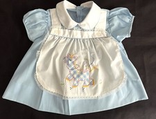 Vintage Baby Girl Dress Blue White Pinafore Embroidered Appliqu  Lace No Tag