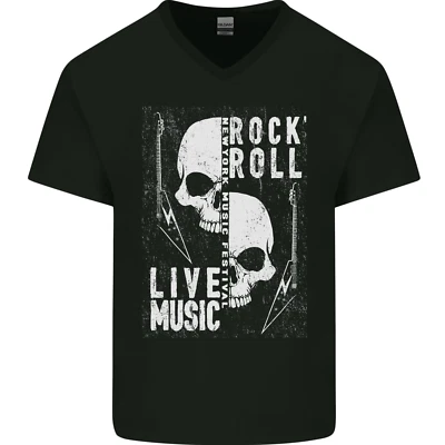 Gildan 64V00 T-Shirt Hommes Col V Coton Rock'n'Roll Musique Live Crâne Guitare - Photo 1/4