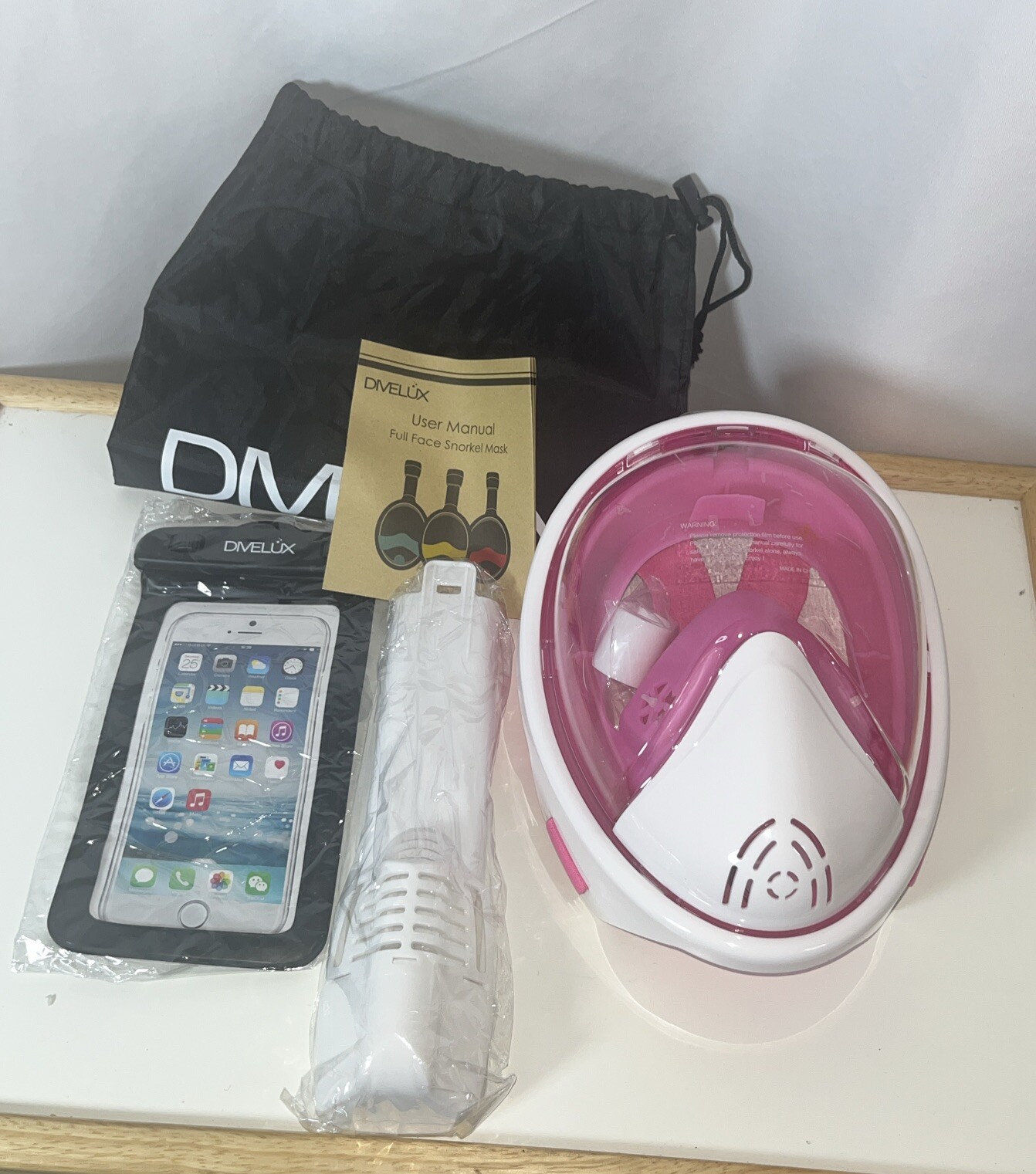 Develux Snorkel Mask Full Face Pink S/M Liquid Silicone PC Adjustable Elastic