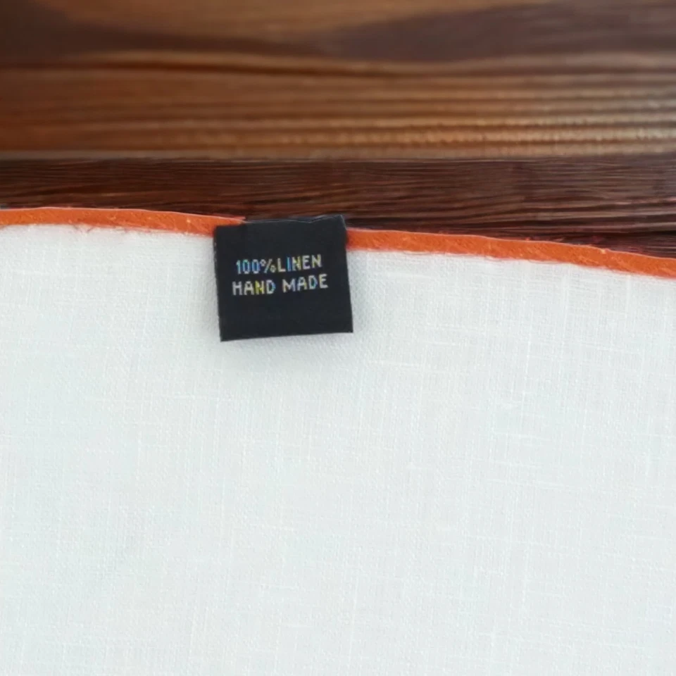 Mens White 100% Linen Handkerchief Pocket Square Burnt Orange Border Hanky 13" - Image 3 of 4