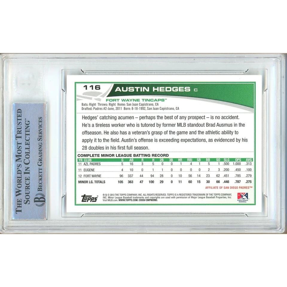 Austin Hedges Signed 2013 Topps Pro Debut #116 Card AUTO Beckett Slabbed Rangers - Image 2 of 4