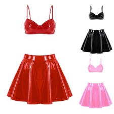 Womens Lingerie Set Open Bust Bra Top With Flared Skirt Fashion Clubwear Shiny