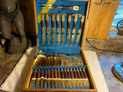 Vintage S. Samran Thailand Co Brass~Bronze~Wood Flatware Set in Wood Box
