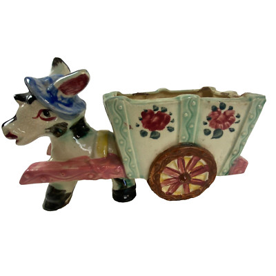 Vintage Multicolor Ceramic Donkey Pulling Cart Hand Painted Decorative Planter
