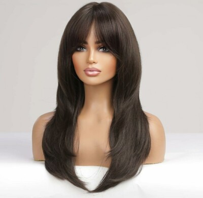 Wig - Human Hair Blend - Long Straight Layered Dark Brown Bangs Heat Resistant