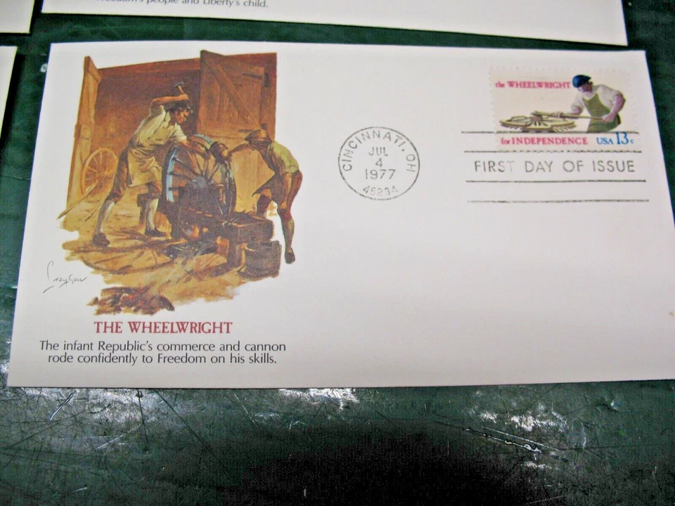 FIRST DAY OF ISSUE STAMPS WHEELWRIGHT BLACKSMITH LEATHERWORKER SEAMSTRESS 1977 - Image 4 of 4