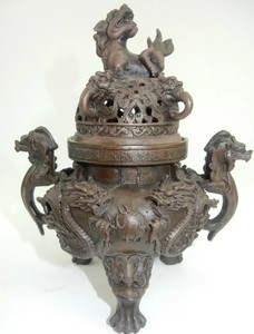 Chinese Intricate Bronze Dragon Trips Incense Burner. Kangxi Mark. 8 “