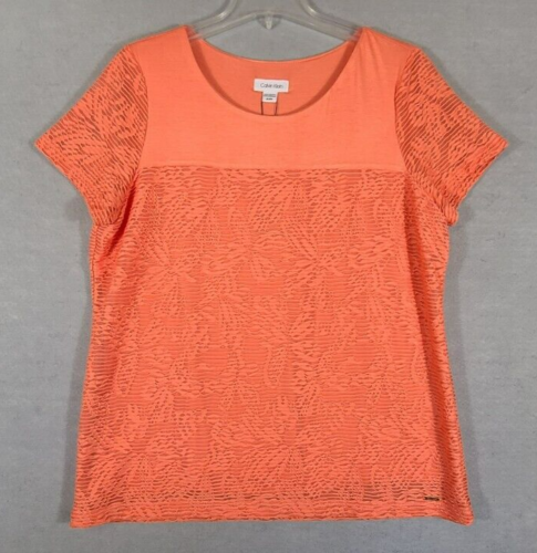 Calvin Klein Coral Blouse Lace Over T-Shirt Round Neck Short Sleeve Womens XL