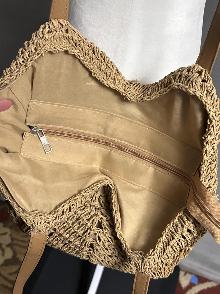 Straw Woven Tote Bag Tan Brown Shoulder Purse Summer Beach Boho Bag Sisal Travel - Image 4 of 4
