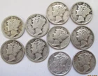1918 to 1943 P & D Silver Mercury Dime set, 10 Different Circulated Dimes
