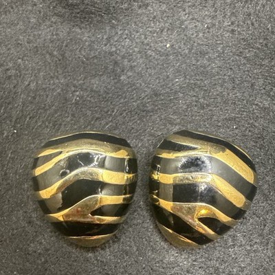 Vintage CINER Zebra Stripe Clip Earrings Black And Gold
