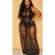 PrettyLittleThing Plus Black Tassel Knit Beach Dress Size L NWT 