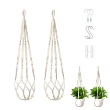 35" Macrame Plant Hanger with 4 Hooks, Hanging Planter with Wooden Bead Accents