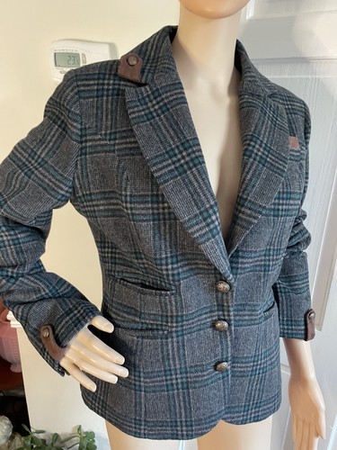 Grey & Blue Checked Jacket With Brown Faux Suede Trim From Alice Collins Size 14