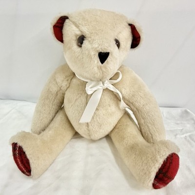 The Vermont Teddy Bear Co Classic Plush Teddy Bear Cream Red Plaid Ears USA Made