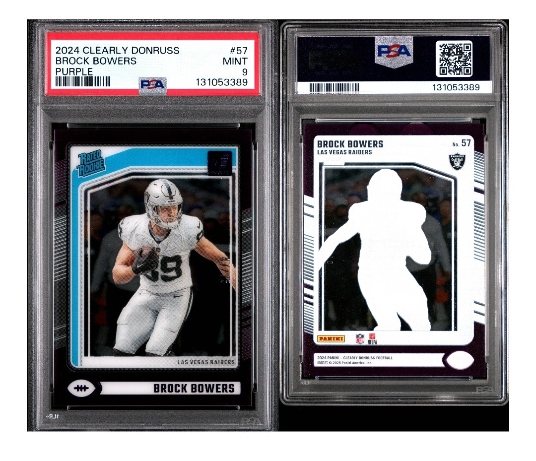 2024 Panini Clearly Donruss Rated Rookie Brock Bowers #57 Purple /75 PSA 9