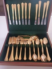 KANU Pattern Gold Plated Stainless Flatware Japan Serving 12 Piece EP SS Box Inc