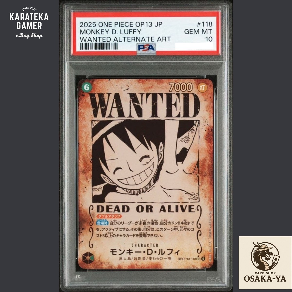PSA 10 Luffy OP13-118 SEC Wanted SP Alt Art Carrying on His Will