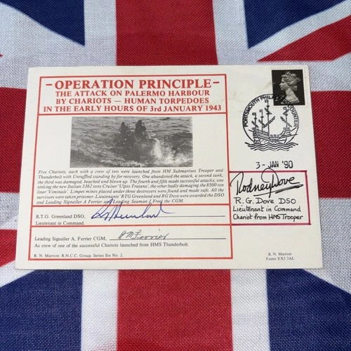RN FDC Op PRINCIPLE attack on Palermo harbour by human torpedoes 3 x WW2 signed