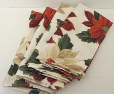 4 St Nicholas Square Christmas Fabric Napkins Poinsettia Red Gold