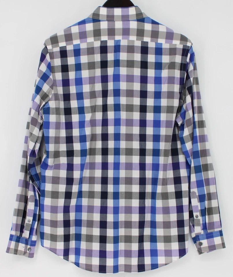 Express Shirt Mens Large Blue Purple Plaid Modern Fit Long Sleeve Button Front - Image 2 of 4