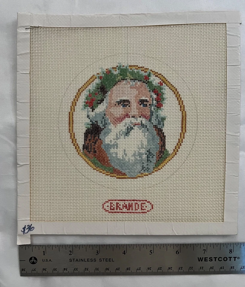 Christmas Santa portrait Needlepoint Canvas ornament vintage, hand painted, new - Image 2 of 3