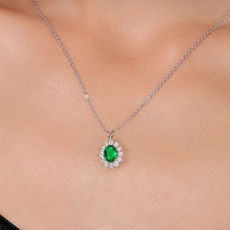 14K White Gold Nano Emerald and Zirconia Pendant Necklace For Women (1.60 Cttw, - Image 4 of 4