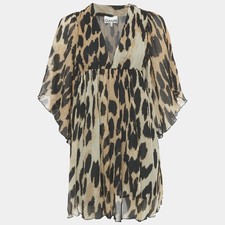 Ganni Brown Leopard Print Plisse Crepe de Chine Mini Dress XXSXS