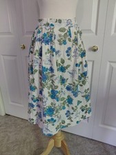 Vintage 1950s Full Cotton Skirt Birds Floral White Blue Large 35 Waist
