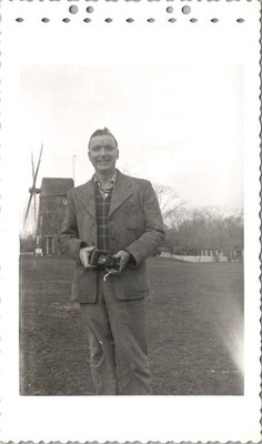 1940s Photographer w/ Folding Camera & Windmill - Snapshot Deckled Edges
